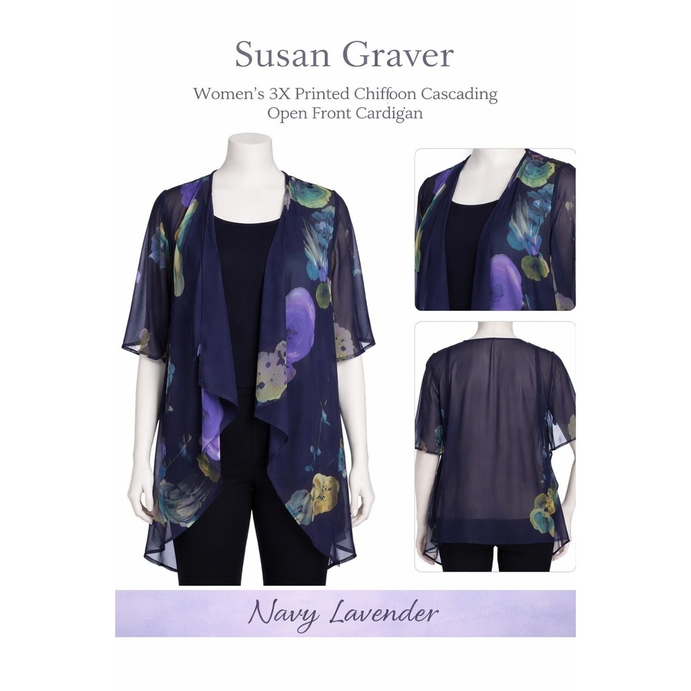 Susan Graver Womens 3X Printed‎ Chiffon Cascading Open Cardigan Navy Lavender
